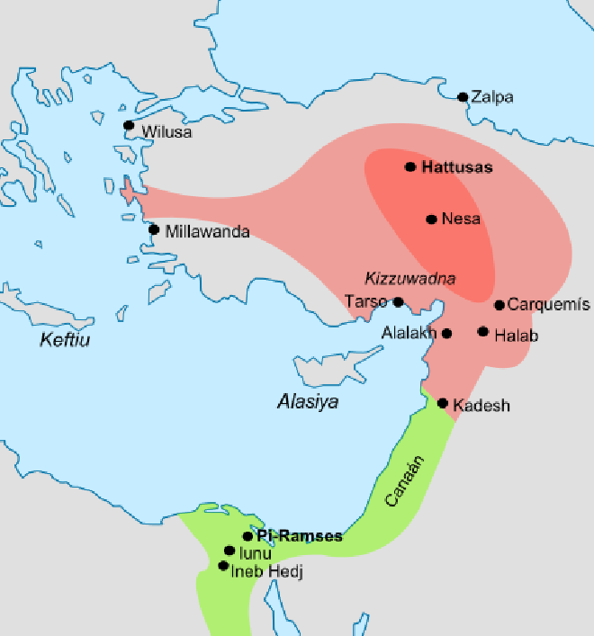 A map showing Hittite and Egyptian territories at the time of the Battle of Kadesh